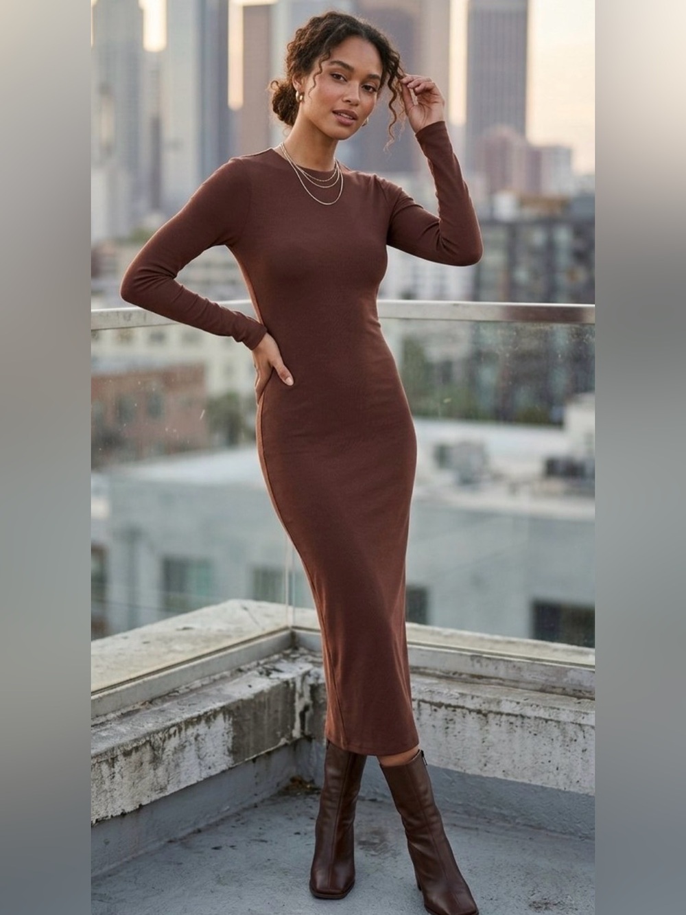 AFRM Juniper Knit Crepe Long Sleeve Midi Dress - Cappuccino Brown S